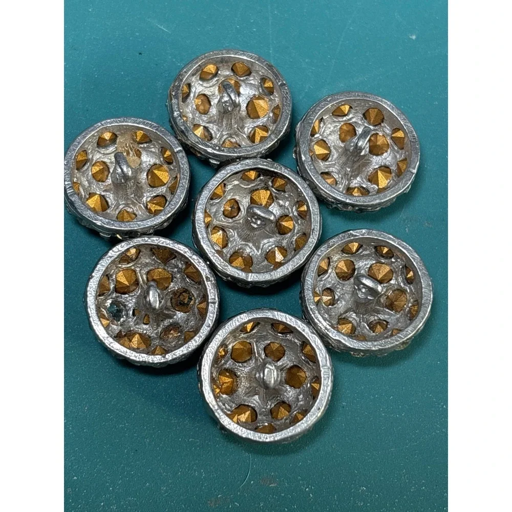 7pc Silver Clear Rhinestone Domed Shank Buttons Antique Style Round Pavé Crystal
